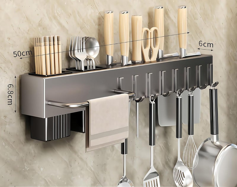 セイド(Seido) Carbon Steel Utensil Rack – Space-Saving 20" L Kitchen Organizer with hooks & hanging bar, Gunmetal Gray Knife Holder, 2 Installation Options (Adhesive/Screwed) - Image 2